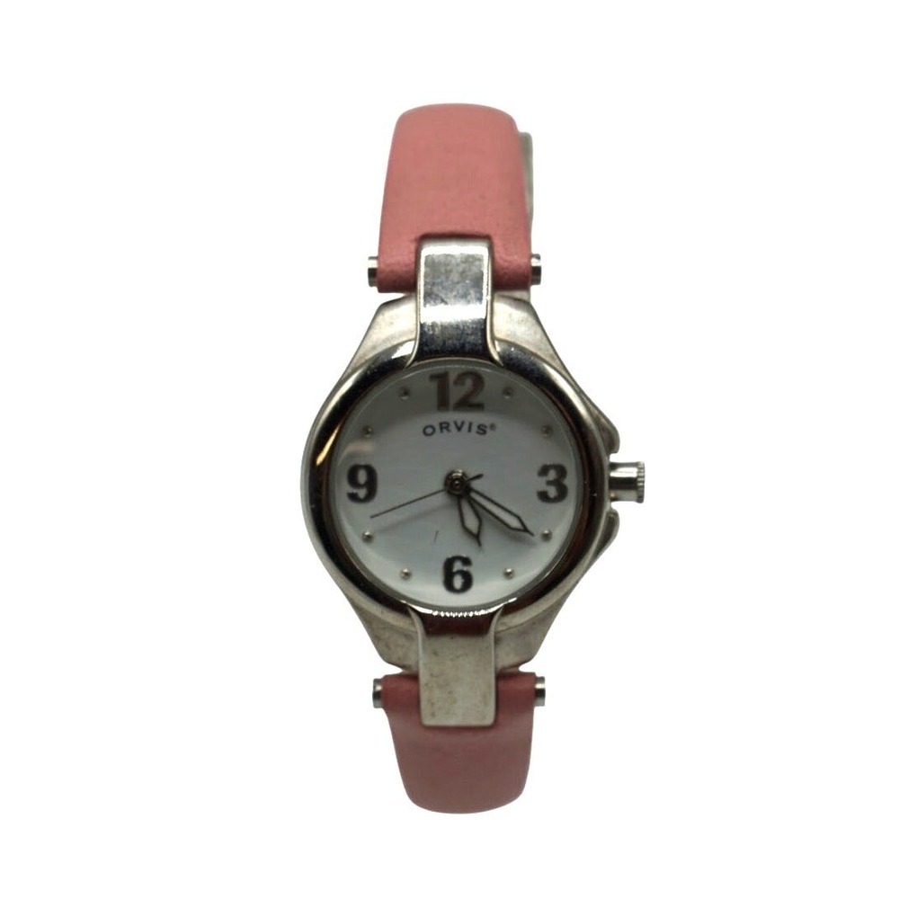 Orvis Ladies Watch Pink Leather Band Silver Tone Case White Dial‎ Quartz Analog